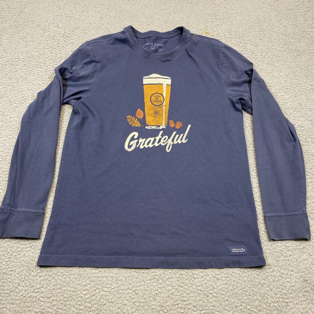 Life Is Good Shirt Mens Medium Blue Grateful Beer Pint Graphic Long Sleeve Fall
